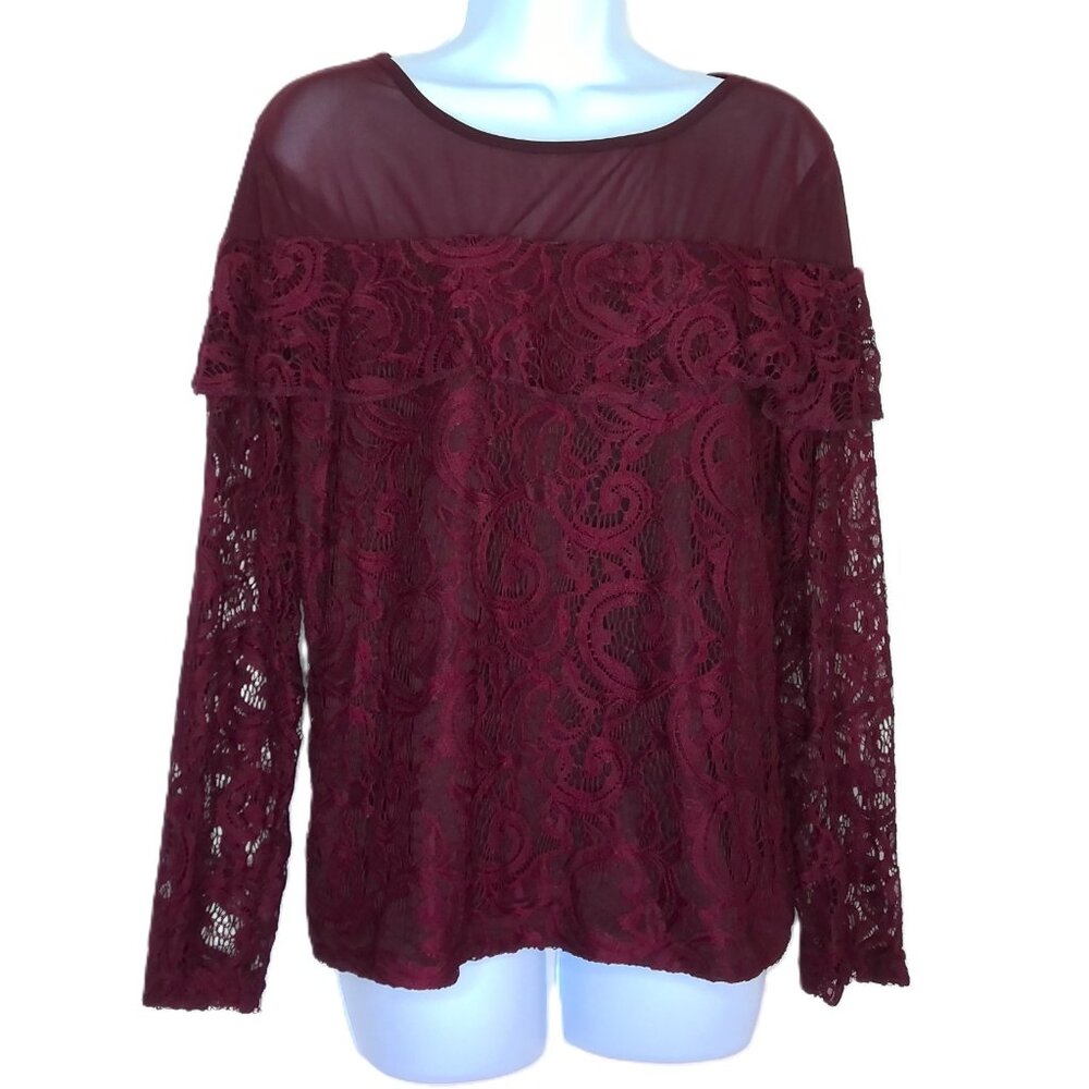 Dressberry Mesh & Lace Top Dressy Burgundy Wine Sheer Back & Sleeves EUC Sz XL